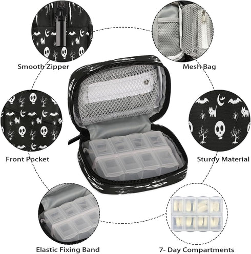 Skerhhux 7 Skull Black Halloween Pill Case Travel Pill Organizer Weekly Day Portable with Zipper Medicine Box Pill Case