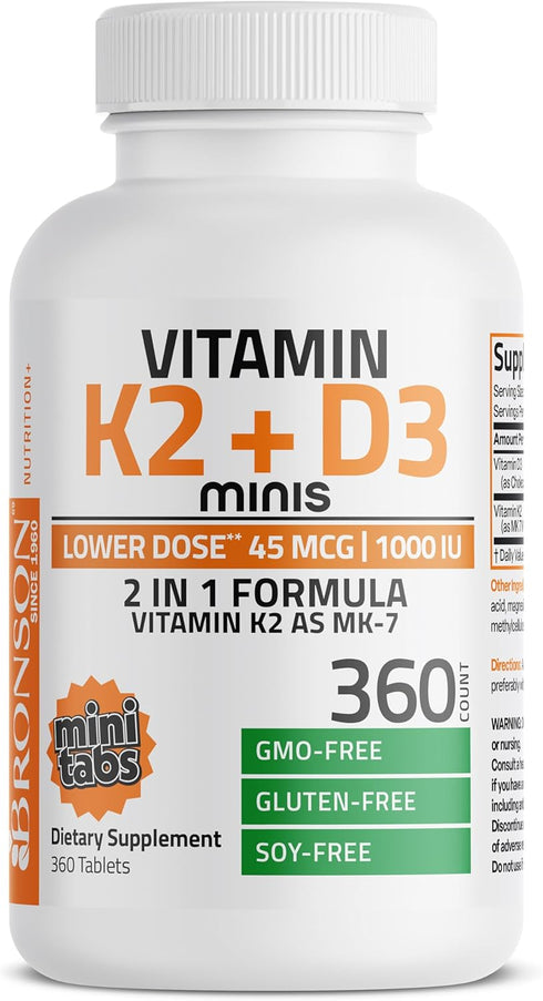 K2 (MK7) D3 45mcg K2 1000 D3 2 1 360 Bronson Vitamin with Lower Dose Vitamin & IU Vitamin Easy to Swallow Daily