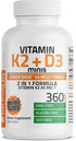 K2 (MK7) D3 45mcg K2 1000 D3 2 1 360 Bronson Vitamin with Lower Dose Vitamin & IU Vitamin Easy to Swallow Daily