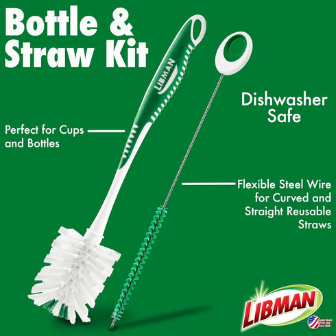 Libman Bottle & Dish Brush Kit, 3 Different Brushes & Straw Cleaner for Kitchen Use