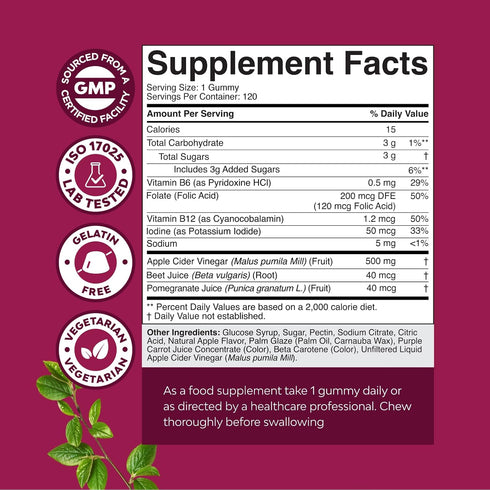 Gummies Immune B12 120 Count ACV Apple Cider Vinegar - Natural Energy Supplement ACV with Mother for Body Cleanse