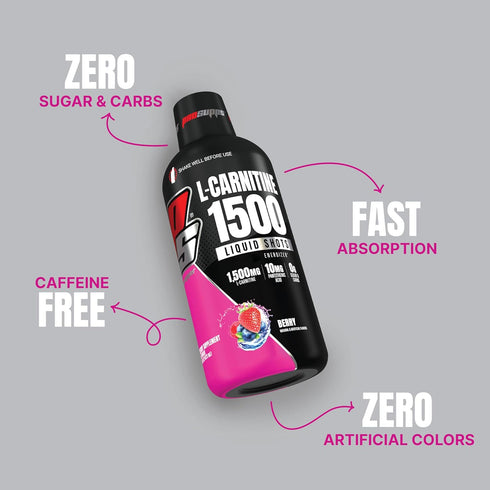 PROSUPPS L-Carnitine 1500 Stimulant Free Liquid Shots for Men and Women - Energizer Workout Drink, 31 Servings, Berry