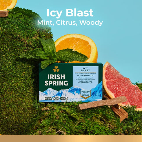 Irish Spring Icy Blast Bar Soap for Men, 24 Pack, 3.7 Oz, Mild Skin, Recyclable Carton, Fresh Clean 12 Hours