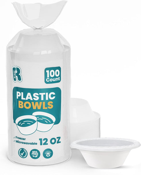 R-kay 12 Oz Plastic Bowls, 100 Count Microwavable Disposable Bowls, Heavy Duty White Plastic