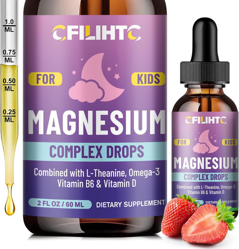 Kids Magnesium Liquid Drops-Magnesium Glycinate Liquid for Kids Supplement-w/L-theanine, Omega-3, Vitamin B6,