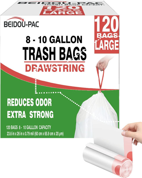 8-10 Gallon Drawstring Trash Bags, 120 Count, Heavy Duty White Plastic Garbage Bags, Odorless, Multifold Roll for