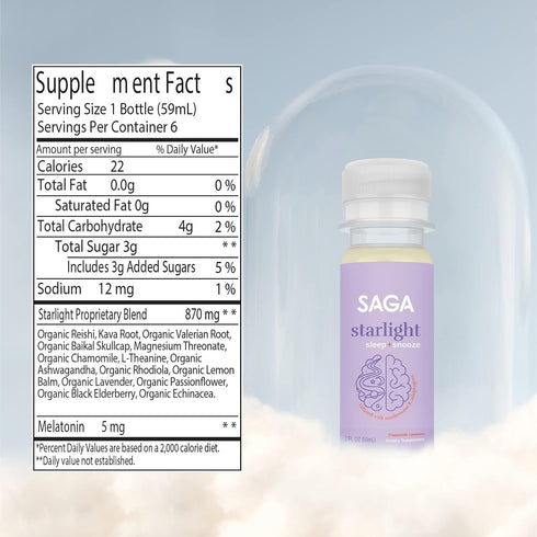 SAGA Organic Sleep Shots, Adaptogens & Mushrooms, Valerian Root, Reishi, & GABA, Lavender 2oz Shots (6-Pack)