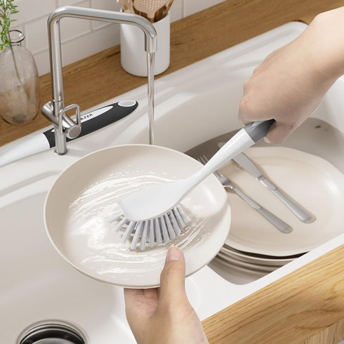 Amazer Dish Brush, 2 Pack Kitchen Dish Scrubber with Handle, Stiff Bristles for Cleaning Sink, Pots, Pans (Black+Grey)