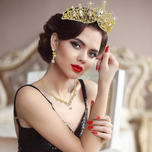 Hicarer 3 Pieces Baroque Queen Crown Set, Crystal Tiara Earrings Necklace for Women Bridal Jewelry