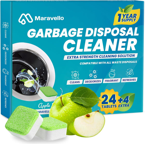 Maravello Garbage Disposal Cleaner, 28 Tablets - Sink Foaming Freshener Pods with Apple Fresh Formula