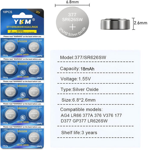 YKM 10 Pack 377 SR626SW LR626 377/376 V377 377a AG4 1.55V Watch Battery Silver Oxide Button Batteries