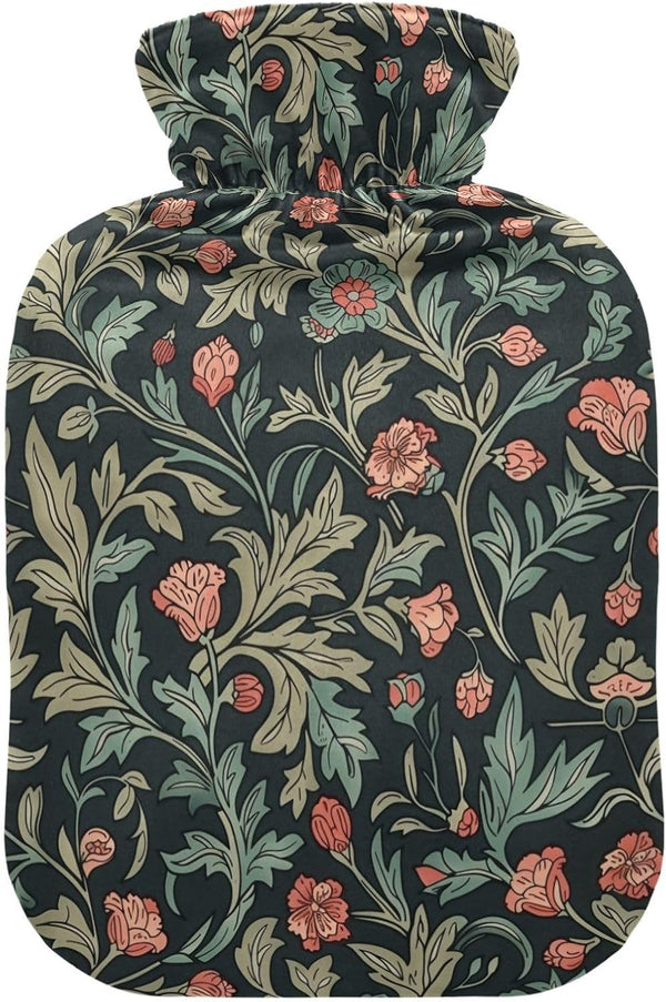 YNNALE Retro Sage Green Red Floral Hot Water Bottle with Cover, 2Liter Soft