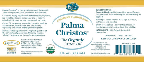 Packs, 8 oz. Baar Palma Christos Organic Castor Oil, Cold-Pressed, Hexane-Free, USDA Certified, for Skin, Hair, Massage