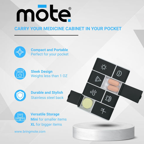 Mote Pillbox 7 Wallet Credit Card Size Carry Medications, Pills Day Weekly Organizer Pill case, Mini, Small Holder