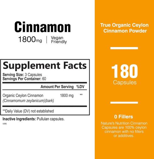 Pure Cinnamon Capsules, Certified Organic Ceylon Cinnamon Pills, Non-GMO, Gluten-Free, Dairy-Free, Sri Lanka Cinnamon Powder Supplement, Best Vegan True Cinnamomum Vitamins, Sugar Free - 180 Capsules