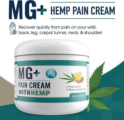 MARS WELLNESS MG+ w/Hemp Pain Cream (4 oz) - Magnesium & Arnica Cream Pain Relief - Cream for Numbing & Healing - Muscle Pain Relief Cream for Sore Legs & Joints, Leg Cramps