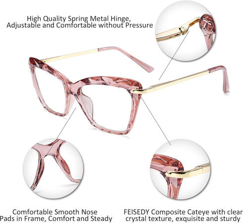 FEISEDY Crystal Cat Eye Glasses Frame, Blue Light Blocking Computer Eyewear B2500