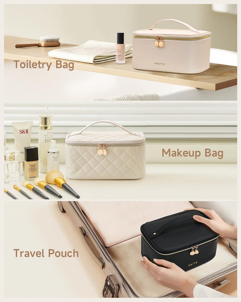 Makeup Bag, Large Capacity Portable Travel Cosmetic Organizer for Women with Handle and Divider (Black)
