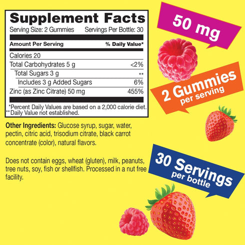 Zinc Gummies 50 mg - Supports Healthy Immune Function and Antioxidant Health - Natural Berry Flavor - Gluten-Free, GMO-Free - Chewable Gummy Dietary Supplement - 60 Gummies