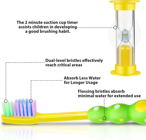 Soft Kids Toothbrushes with Suction Timer - Flossing Bristles, Toddler Toothbrush Set for Ages 3-10, Pack of 4