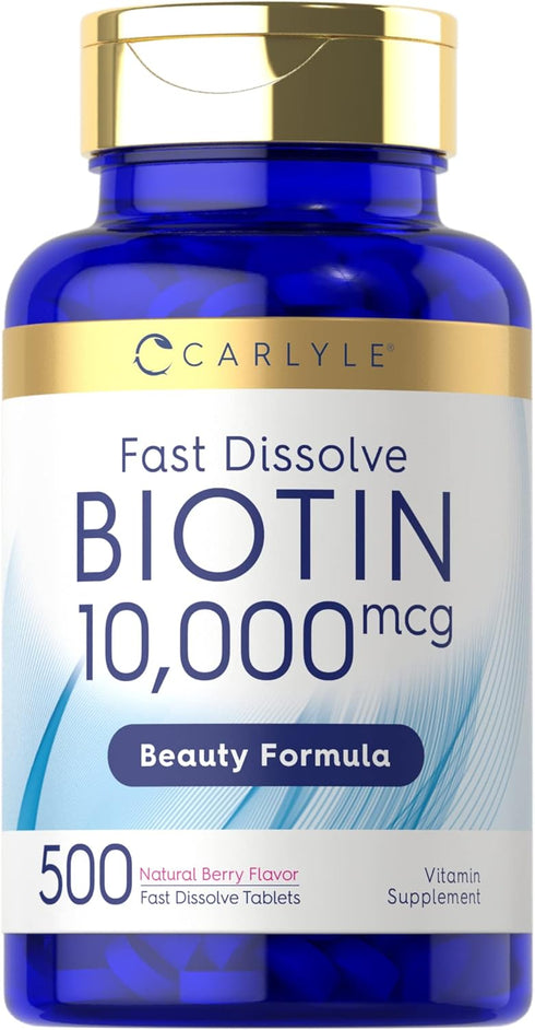 Carlyle Biotin 10000mcg | 500 Fast Dissolve Tablets | Max Strength Vegetarian, Non-GMO, Gluten Free Supplement