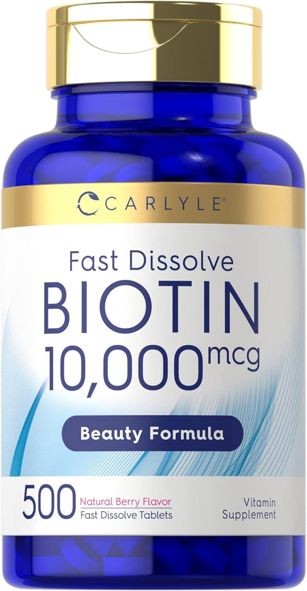 Carlyle Biotin 10000mcg | 500 Fast Dissolve Tablets | Max Strength Vegetarian, Non-GMO, Gluten Free Supplement