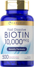 Carlyle Biotin 10000mcg | 500 Fast Dissolve Tablets | Max Strength Vegetarian, Non-GMO, Gluten Free Supplement