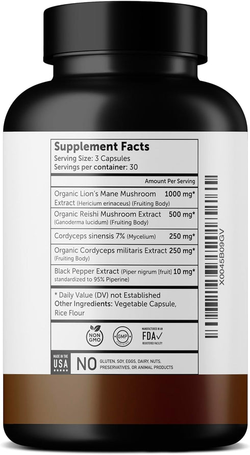 Organic Lions Mane Capsules - Immune Health & Cognitive Supplement with Reishi & Cordyceps, 90 Veggie Capsules
