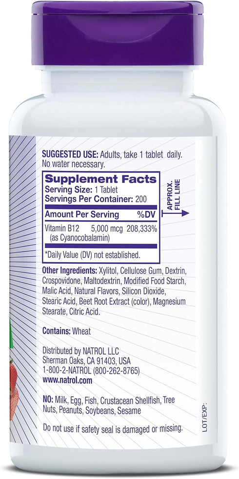 Natrol Vitamin B12 5,000 mcg Fast Dissolve Supplement for Healthy Nervous System and Energy Metabolism, 200 Tablets