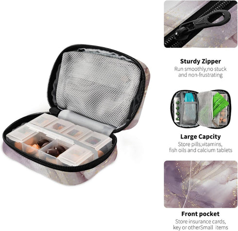 Ollabaky 7 Purple Rose Marble Pill Case, Weekly Portable Pill Bag Container Days Cute Pill Box Organizer Vitamin