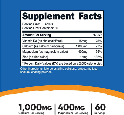 Nutricost Calcium, Magnesium & Zinc Tablets 1,415 mg, 180 Tablets - Vitamin/Mineral Blend Supplement, 60 Servings - Gluten Free, Non-GMO