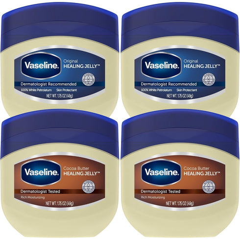 Vaseline Original & Cocoa Butter Healing Jelly Travel-Size Variety 4-Pack – Rich Moisturizing Ointment for Soothing