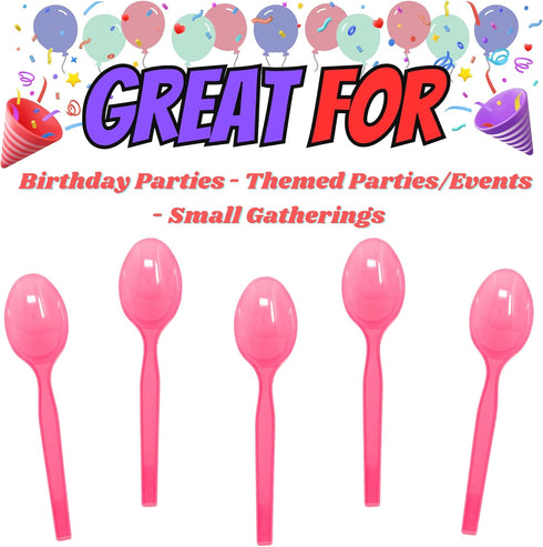 Hot Pink Plastic Spoons (24 Pack) - Lightweight Plasticware, Disposable Cutlery for Parties, Colored Plastic Spoons