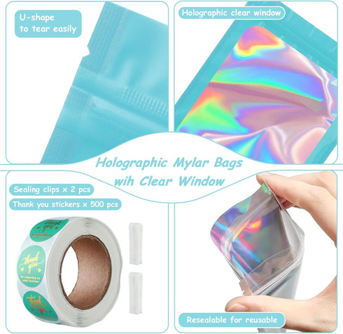 150-pack Holographic Mylar Bags with Clear Window, Resealable Foil Pouches for Food Storage, 7" x 10"