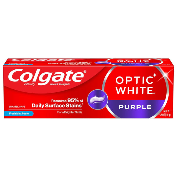 Colgate Optic White Purple Toothpaste, Mint Paste, 4.2 oz, Teeth Whitening with Fluoride, Enamel-Safe, Removes Surface