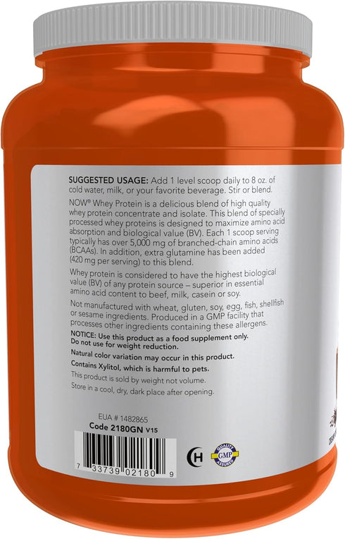 NOW Foods Whey Protein - 24g with BCAAs, Creamy Chocolate Powder, 2-Pound