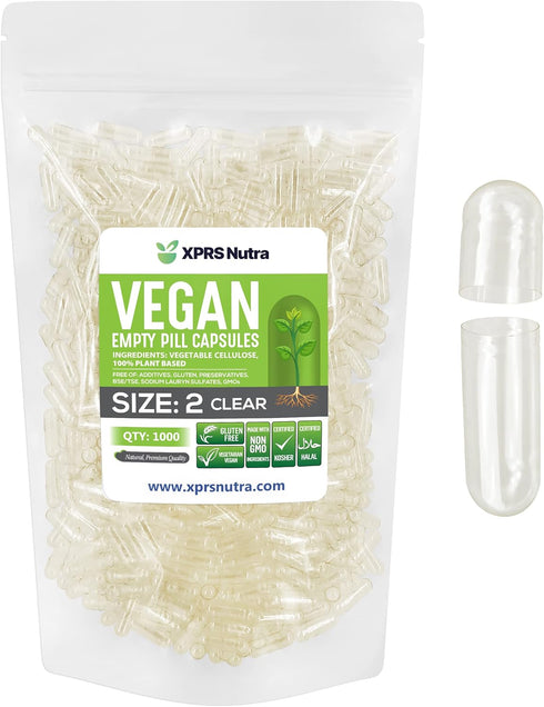 XPRS Nutra Size 2 Empty Capsules - 1000 Clear Vegan Capsules for DIY Vegetable Capsule Filling