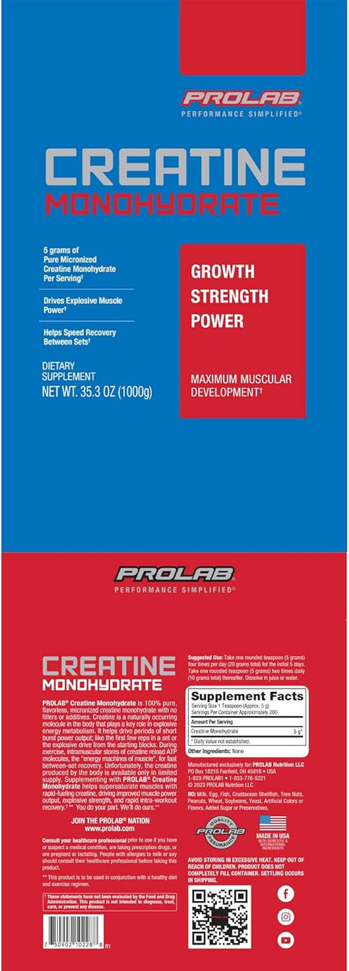 ProLab Creatine Monohydrate, Best Micronized Creatine Powder for Increased Muscle Mass, Strength, Endurance (1000g)