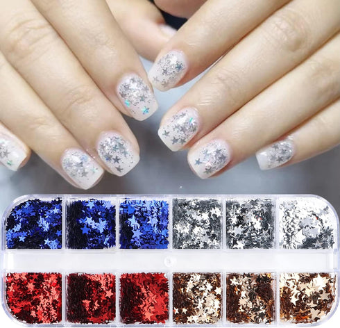 Independence Day Nail Art Glitter Flakes, 12 Grids Mixed Blue Red Sequins for USA Nail Decorations
