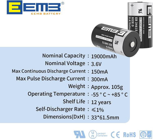EEMB ER34615 D Cell Batteries 3.6V Lithium Battery 19Ah Li-SOCL2 Non-Rechargeable Battery LS-33600 SB-D02 XL-205F for CNC Machine Tool, Injection Molding Machine,Printing Machine,Meter,Clock