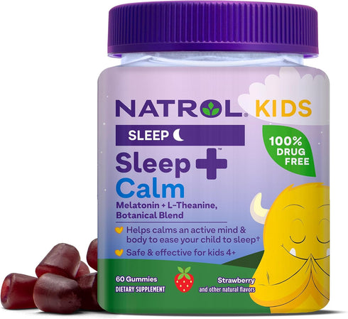 Natrol Kids Sleep+ Calm - Melatonin and L-Theanine Sleep Gummies for Kids, 60 Strawberry-Flavored Gummies