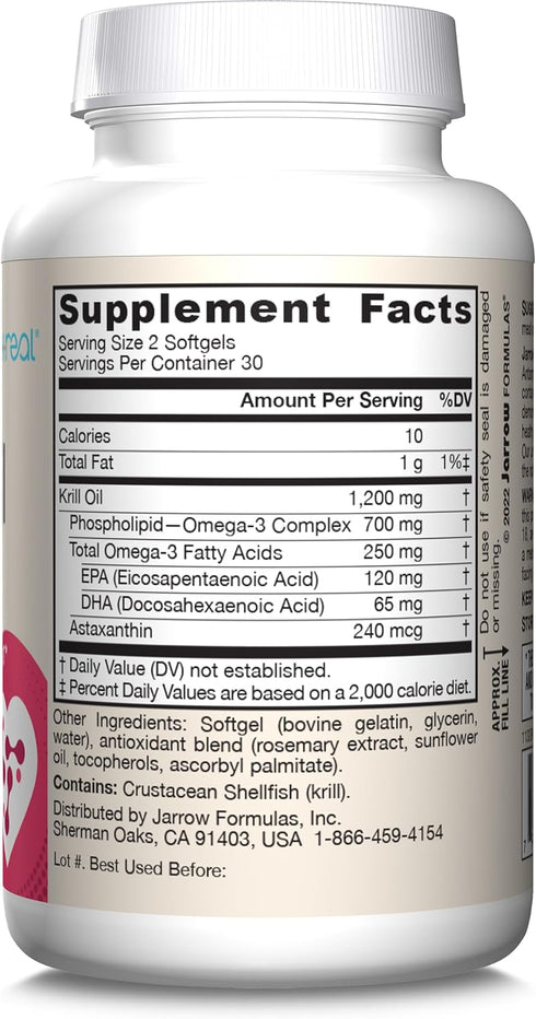 Omega-3 60 30 Jarrow Formulas Krill Oil - Phospholipid Complex with Astaxanthin - Softgels - Servings - Supports Lipid
