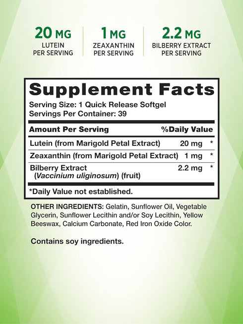 Lutein and Zeaxanthin Supplement 20mg | 39 Softgels | with Bilberry | Non-GMO & Gluten Free by Nature's Truth