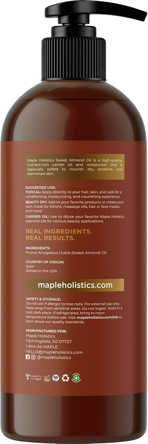 Cold Pressed Sweet Almond Oil - 16oz Pure Sweet Almond Oil for Skin Care and Moisturizing Body Oil