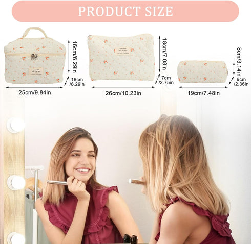 3Pcs Floral Quilted Makeup Bag, Aesthetic Makeup Bag Coquette Makeup Bag Set, Large Capacity Travel Cosmetic Bags for Women Girls (Flowers)
