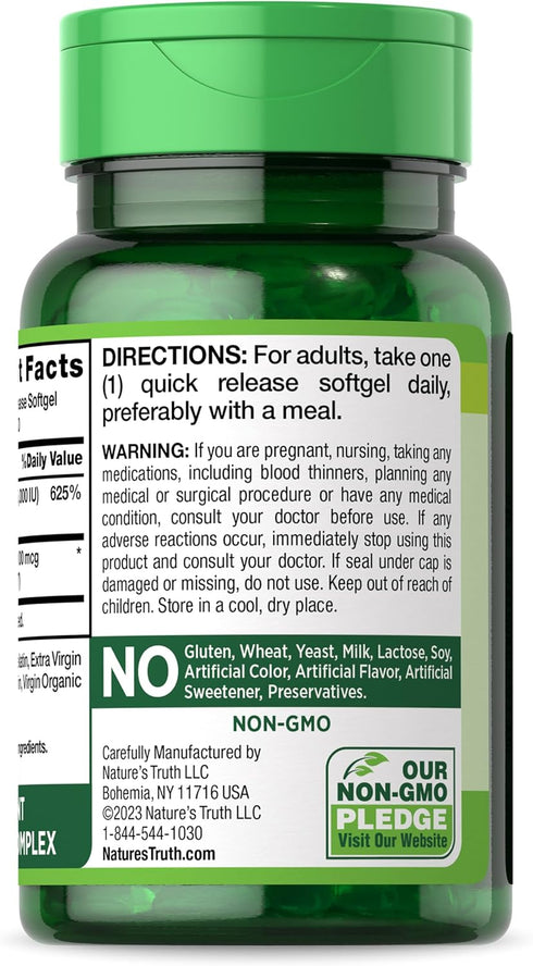 Vitamin K2 MK7 Complex, 100 mcg, 50 Softgels, with Vitamin D3, Non-GMO, Gluten Free Supplement, by Nature's Truth