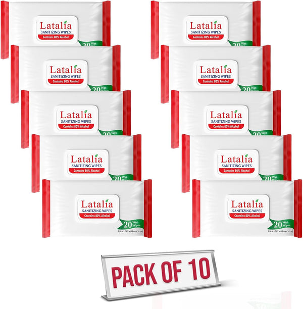 Latalia Hand Wipes Pack of 10 | 80% Alcohol Hand Sanitizer Wipes