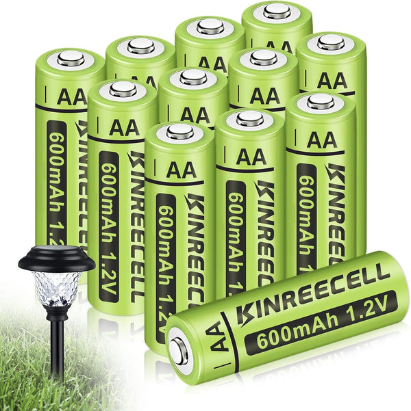 Rechargeable AA Batteries, Ni-MH 1.2V High Capacity Pre-Charged for Outdoor Solar Lights (AA-600mAh-12pack)