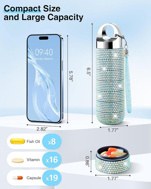 Zannaki Metal Bling Pill Organizer, Travel Waterproof Weekly Pill Box, Portable Large Aluminum Alloy Container, BPA Free
