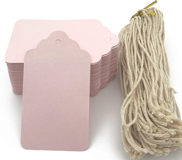100pcs Pink Paper Hang Gift Tags - Blank Marking Tags with String for Baby Shower Favors and Crafts